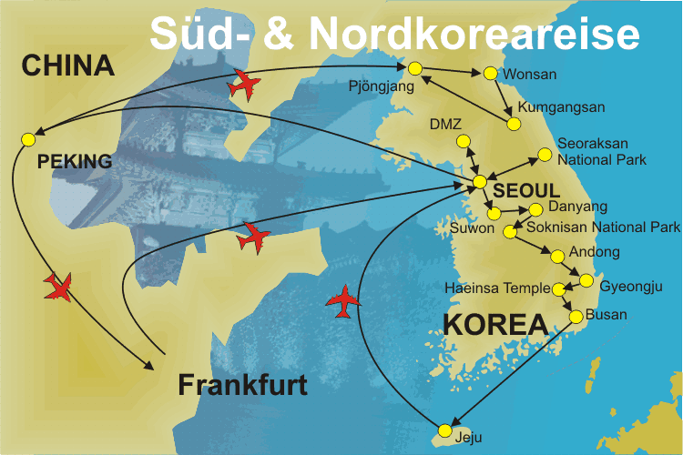 Route dieser Reise nach Nord- und Südkorea Karte der Reiseroute